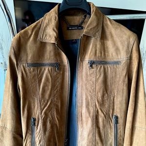 John Varvatos Brown Suede Zip Pocket Trucker Jacket